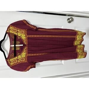 Uncle Frank Embroidered Burgundy and Yellow‎ Short Sleeve Dress